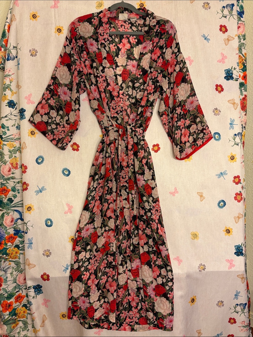 Vintage Murano Black Floral Maxi Wrap Dress with Pink and Red Blooms